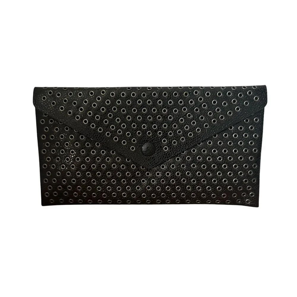 Azzedine Alaïa Studded Leather Envelope Clutch Black Silver-tone Grommets Rare